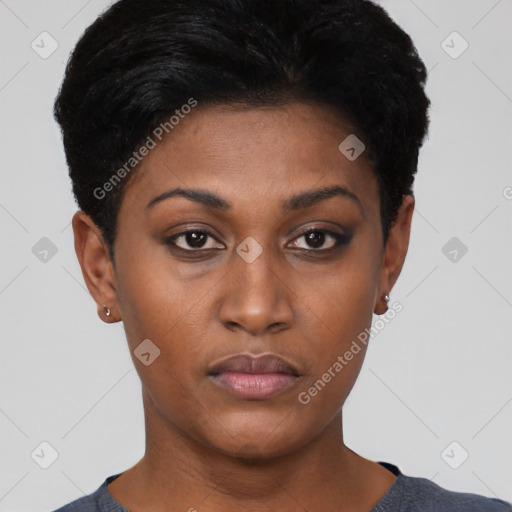 Neutral latino young-adult female with short  black hair and brown eyes