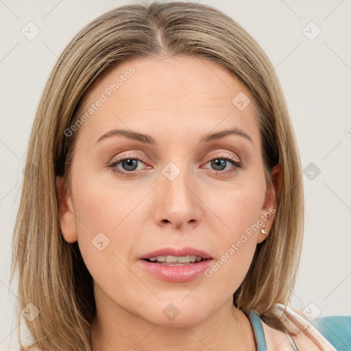 Joyful white young-adult female with medium  brown hair and blue eyes