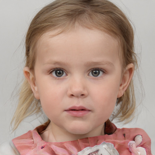 Neutral white child female with medium  brown hair and blue eyes