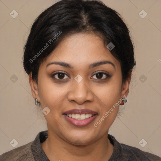 Joyful latino young-adult female with short  brown hair and brown eyes