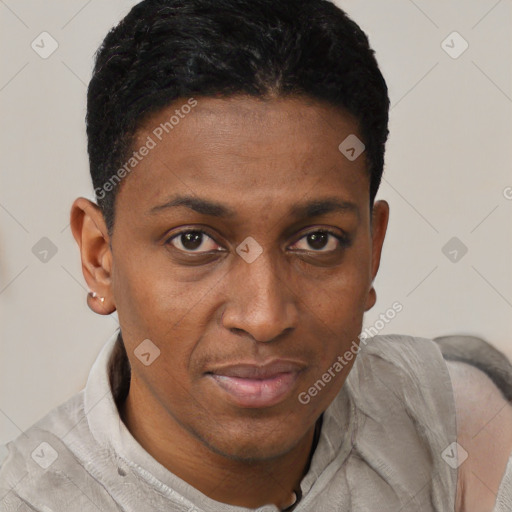 Joyful black young-adult male with short  black hair and brown eyes