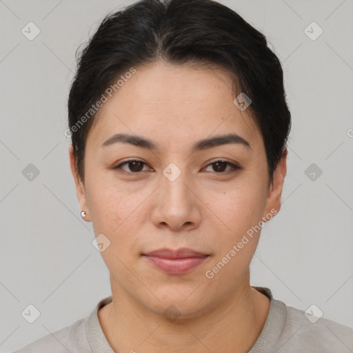 Joyful asian young-adult female with short  brown hair and brown eyes