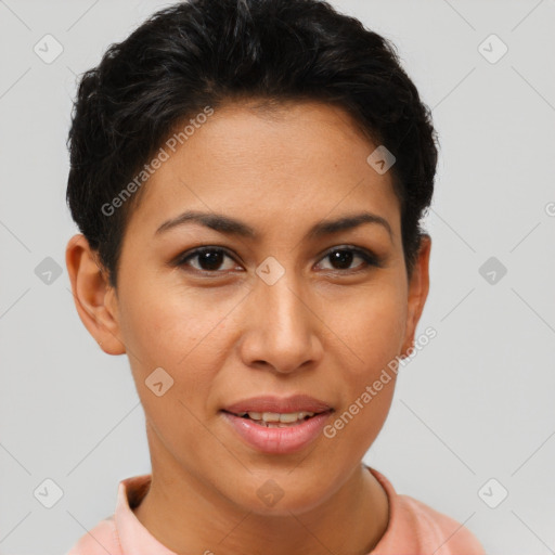 Joyful latino young-adult female with short  brown hair and brown eyes