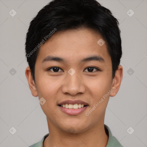 Joyful asian young-adult male with short  black hair and brown eyes