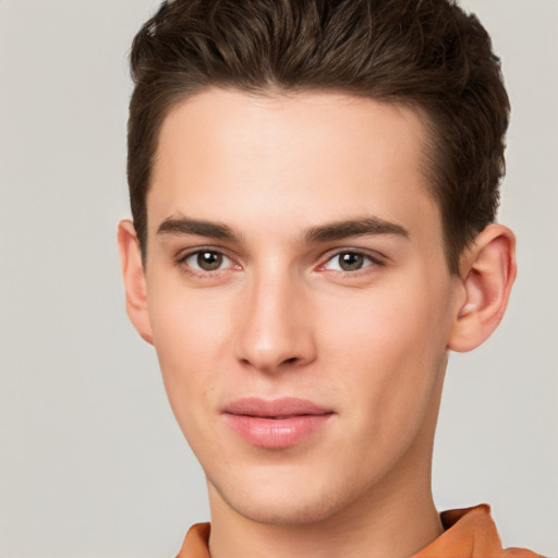 Neutral white young-adult male with short  brown hair and brown eyes