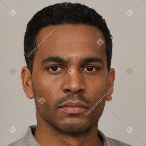 Neutral latino young-adult male with short  black hair and brown eyes