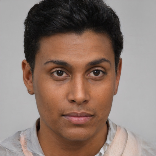 Neutral black young-adult male with short  brown hair and brown eyes