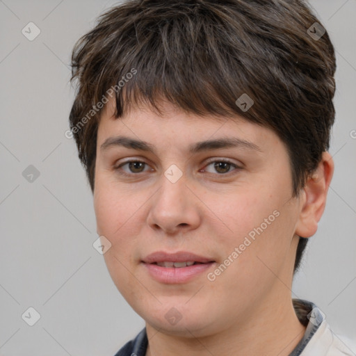 Joyful white young-adult female with short  brown hair and brown eyes