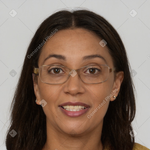 Joyful white adult female with long  brown hair and brown eyes