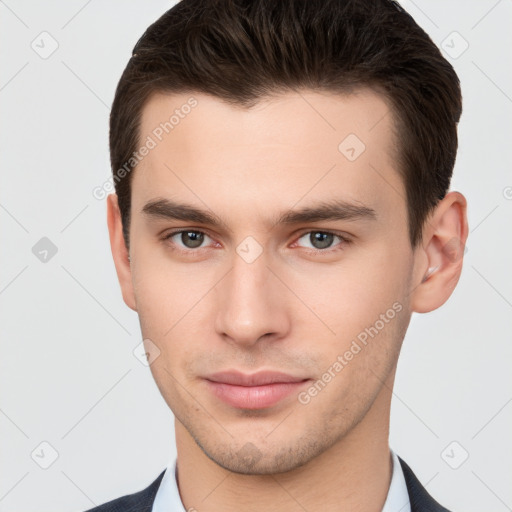 Neutral white young-adult male with short  brown hair and brown eyes