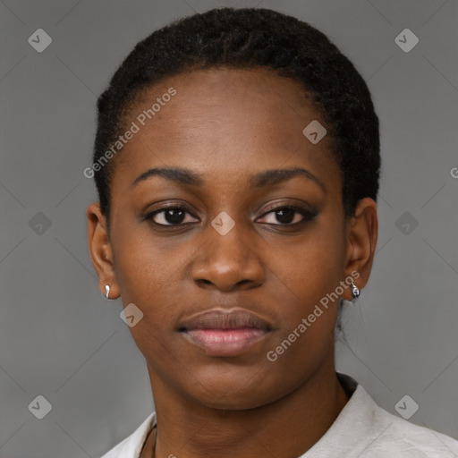 Neutral black young-adult female with short  black hair and brown eyes