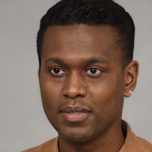 Neutral black young-adult male with short  black hair and brown eyes