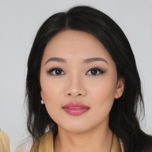 Neutral asian young-adult female with long  black hair and brown eyes
