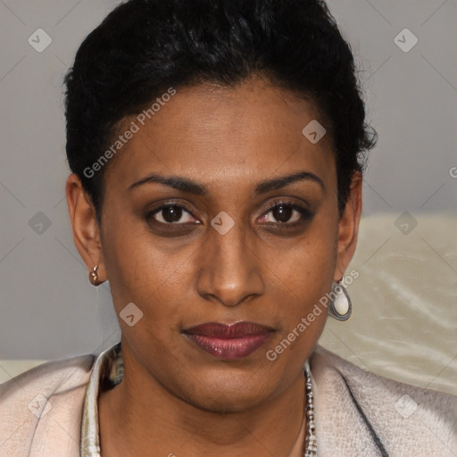 Joyful black young-adult female with short  brown hair and brown eyes