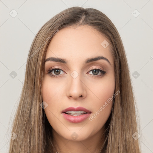 Neutral white young-adult female with long  brown hair and brown eyes