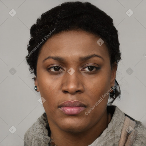 Neutral black young-adult female with short  black hair and brown eyes