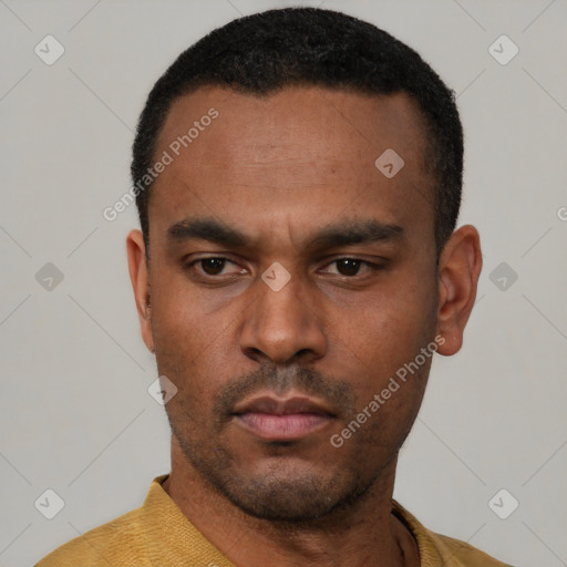Neutral latino young-adult male with short  black hair and brown eyes