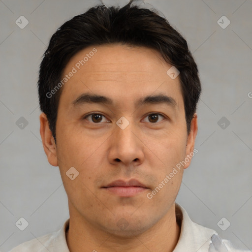 Neutral asian young-adult male with short  brown hair and brown eyes