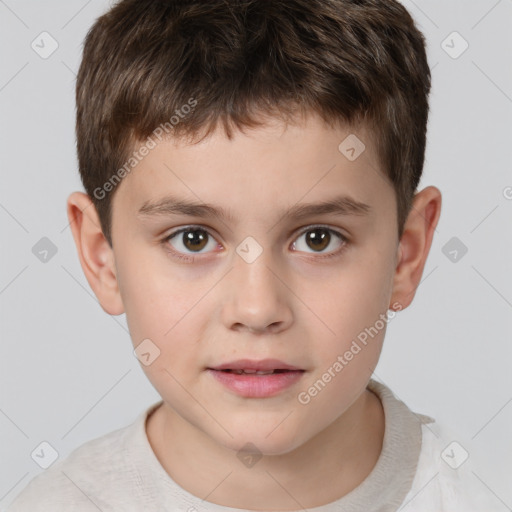 Joyful white child male with short  brown hair and brown eyes