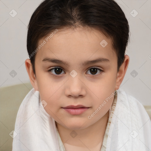 Joyful white child female with short  brown hair and brown eyes