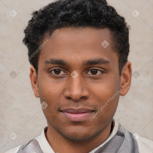 Joyful latino young-adult male with short  brown hair and brown eyes