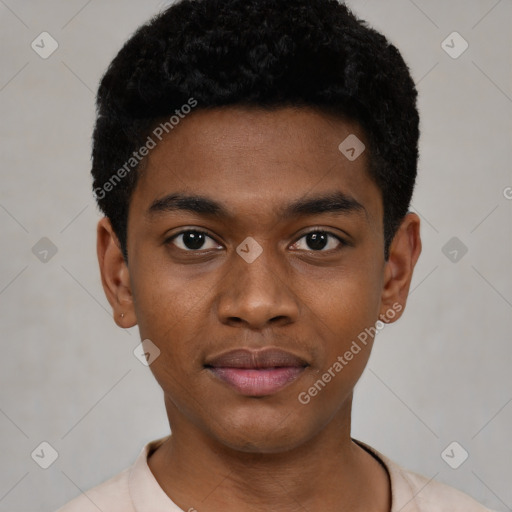 Neutral black young-adult male with short  black hair and brown eyes