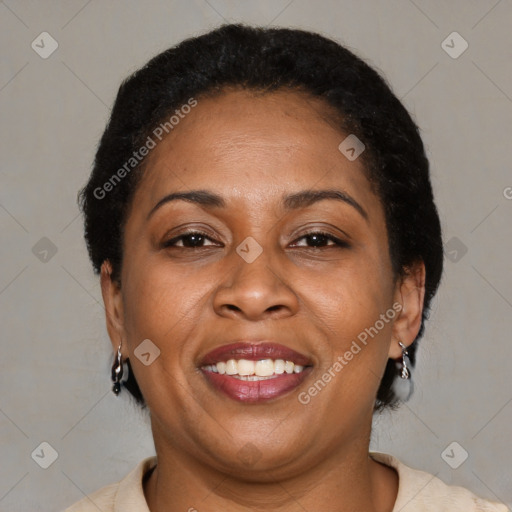 Joyful latino adult female with short  brown hair and brown eyes