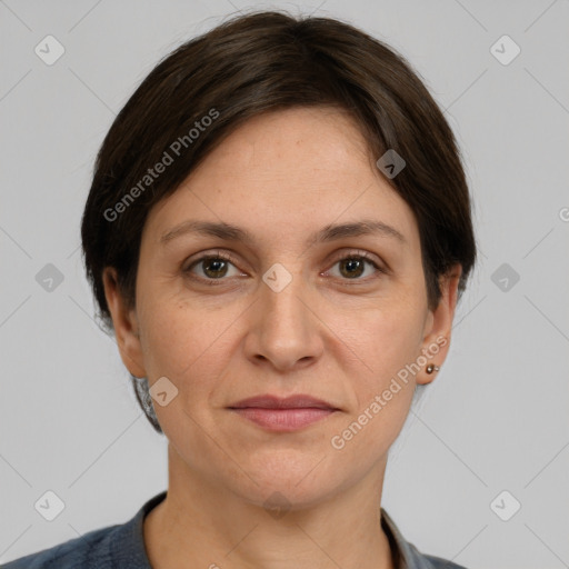 Joyful white adult female with medium  brown hair and grey eyes