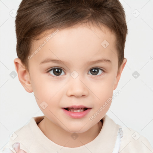 Joyful white child female with short  brown hair and brown eyes