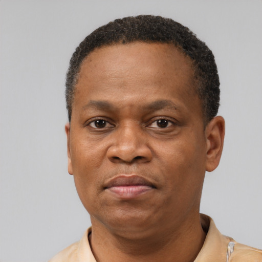 Neutral latino adult male with short  black hair and brown eyes