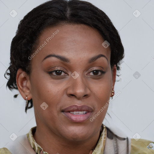 Joyful black adult female with short  brown hair and brown eyes