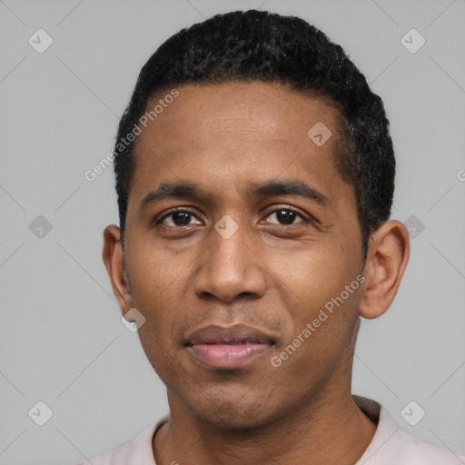 Neutral black young-adult male with short  black hair and brown eyes