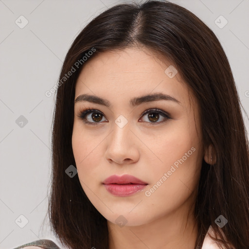 Neutral white young-adult female with long  brown hair and brown eyes