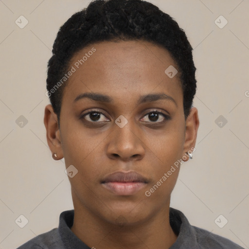 Neutral black young-adult female with short  black hair and brown eyes