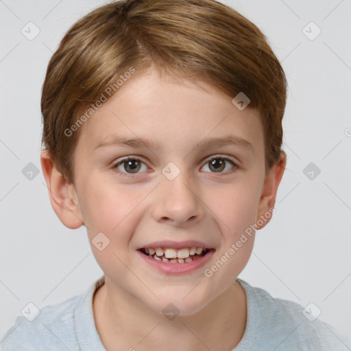 Joyful white child female with short  brown hair and brown eyes