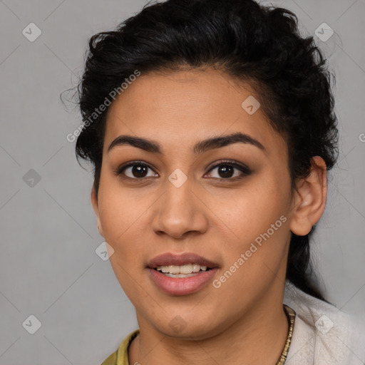 Joyful latino young-adult female with short  brown hair and brown eyes