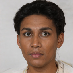 Neutral latino young-adult male with short  black hair and brown eyes