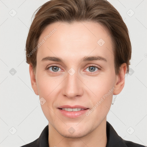 Joyful white young-adult female with short  brown hair and grey eyes