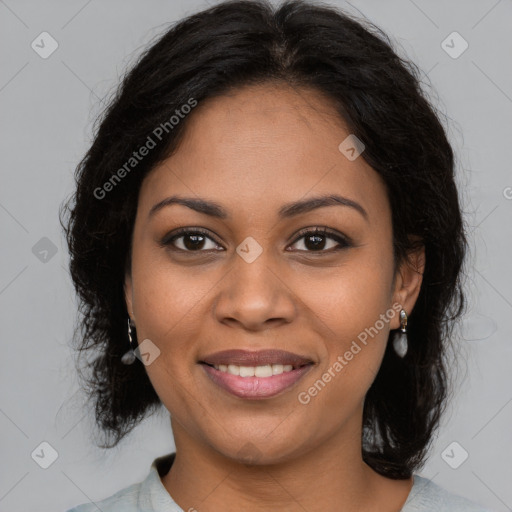 Joyful black young-adult female with medium  brown hair and brown eyes