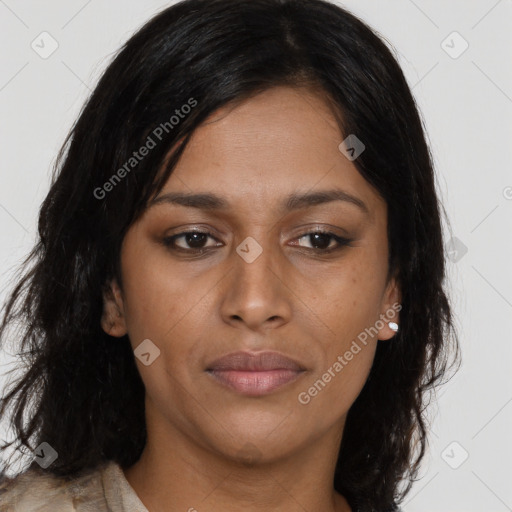 Joyful asian young-adult female with long  brown hair and brown eyes