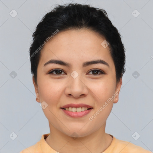 Joyful asian young-adult female with short  black hair and brown eyes