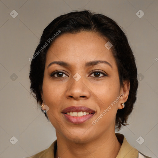 Joyful latino young-adult female with medium  brown hair and brown eyes