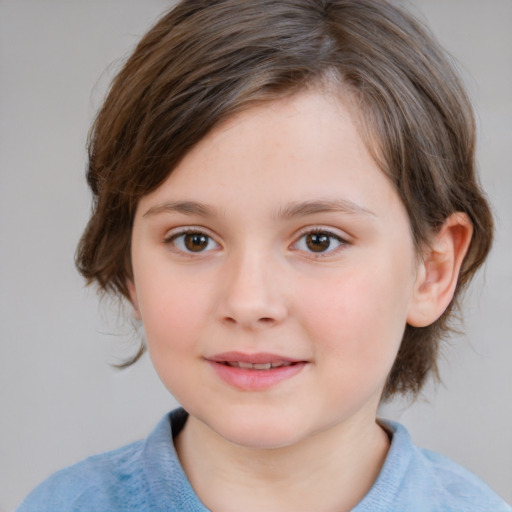 Joyful white child female with medium  brown hair and brown eyes