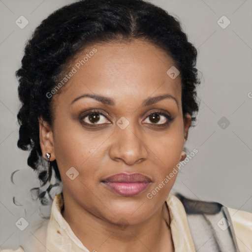 Joyful latino adult female with medium  brown hair and brown eyes