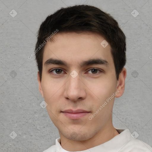 Neutral white young-adult male with short  brown hair and brown eyes