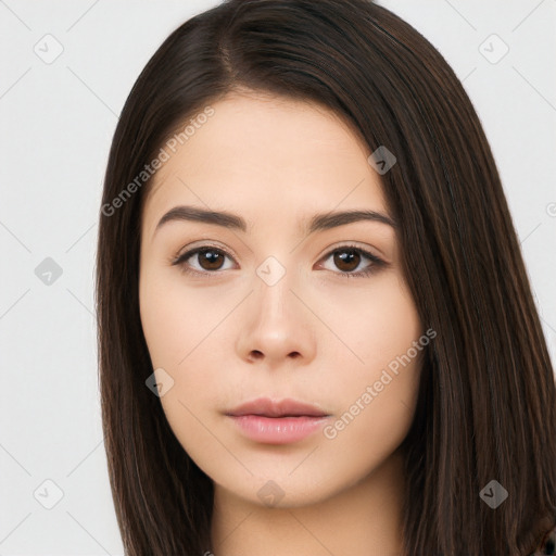 Neutral white young-adult female with long  brown hair and brown eyes