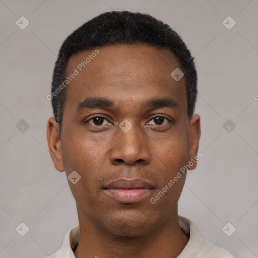 Neutral latino young-adult male with short  black hair and brown eyes
