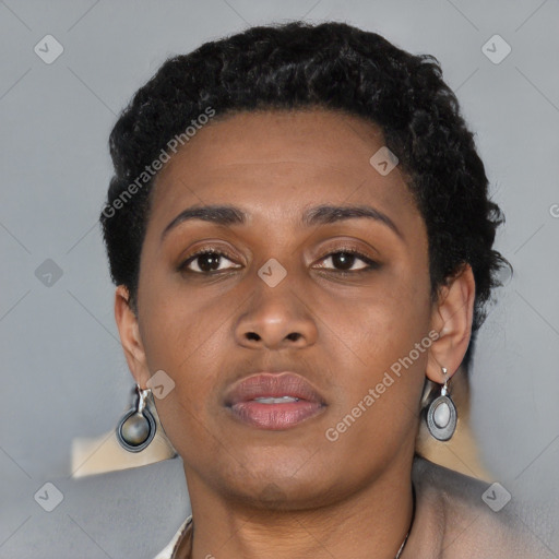 Neutral black young-adult female with short  black hair and brown eyes