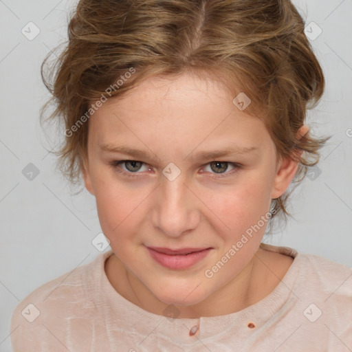 Joyful white child female with medium  brown hair and brown eyes