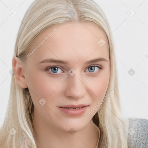 Joyful white young-adult female with long  brown hair and blue eyes